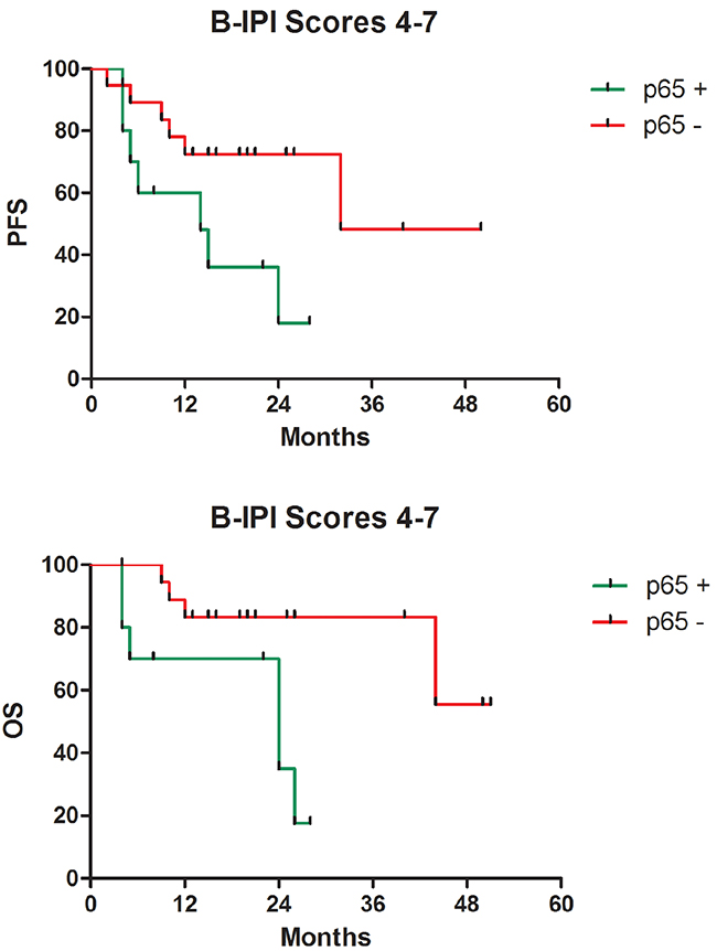 Survival according to p65 protein expression in patients with 4 or more than 4 risk factors.