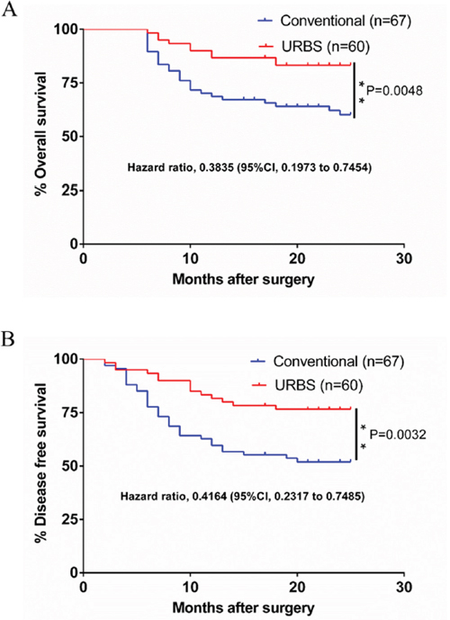 The survival of the URBS group and the conventional surgery group.