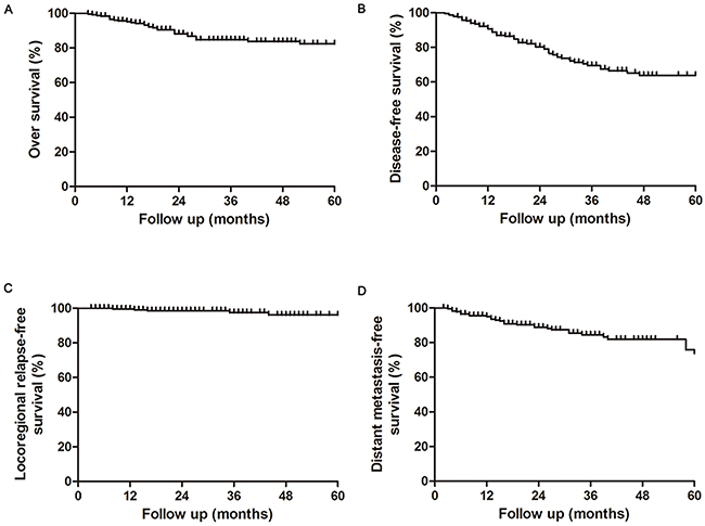 Overall, disease free, localregional relaps-free and distant metastasis-free survival rates in nasopharyngeal carcinoma patients treated with IC-CCRT.