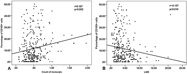 Spearman correlation between peripheral blood monocyte count, lymphocyte-to-monocyte ratio and the number of CD163+ M2 TAM (tumor-associated macrophages).