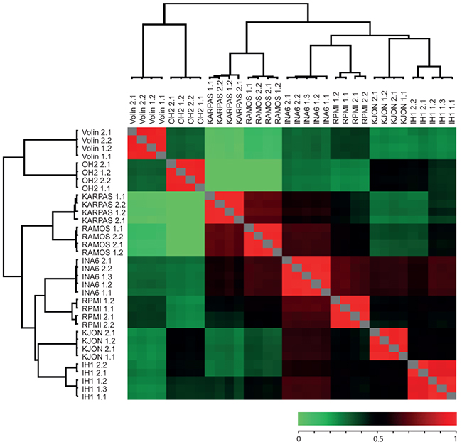 Heat map of Pearson showing reproducibility between replicates as well as similarity between certain cell lines.