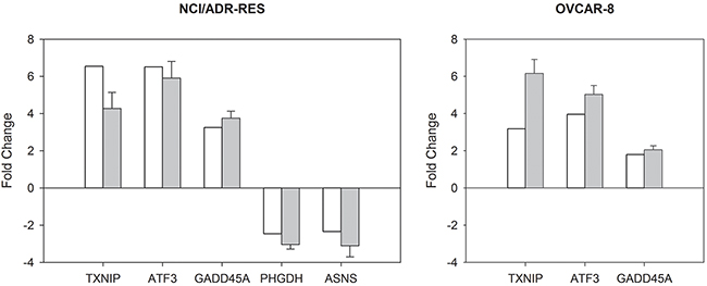 Quantitative comparison of gene expression changes in NCI/ADR-RES and OVCAR-8 cell lines.