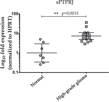 Increased mRNA levels of sPTPRJ in a high-grade glioma cohort.