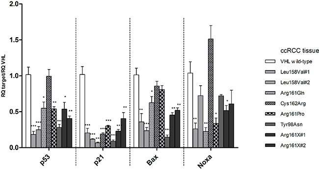 mRNA levels of TP53, p21, Bax, Noxa relative to VHL wild type transcription levels in ccRCC tissue samples carrying the VHL mutations selected for cell line experiments.