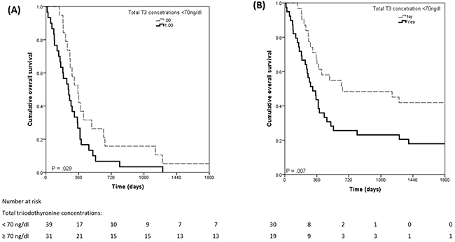 Kaplan Meier curves of overall survival in glioma patients (A) and in high-grade glioma patients only (B).