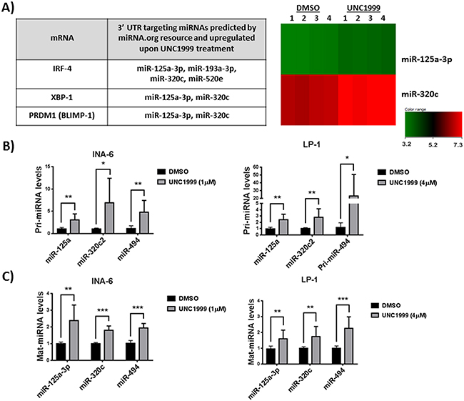 EZH2 inhibition induces the expression of miR-125a and miR-320c that are predicted to target IRF-4, XBP-1 and BLIMP-1.
