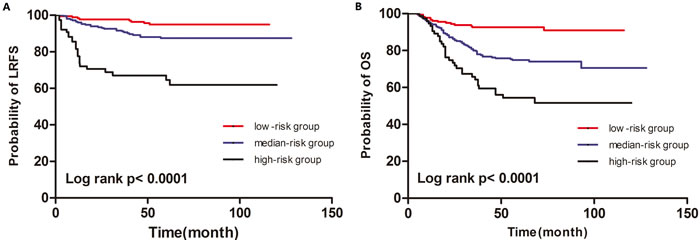 Kaplan-Meier curves for LRFS (A) and OS (B) of according to the prognostic model