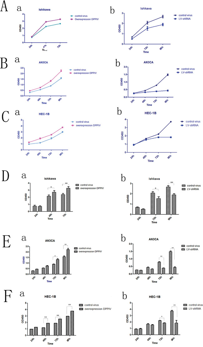 DPPIV overexpression increased cell proliferation in Ishikawa, HEC-1B and AN3CA cells, while shRNA-mediated DPPIV knockdown had the opposite effect.