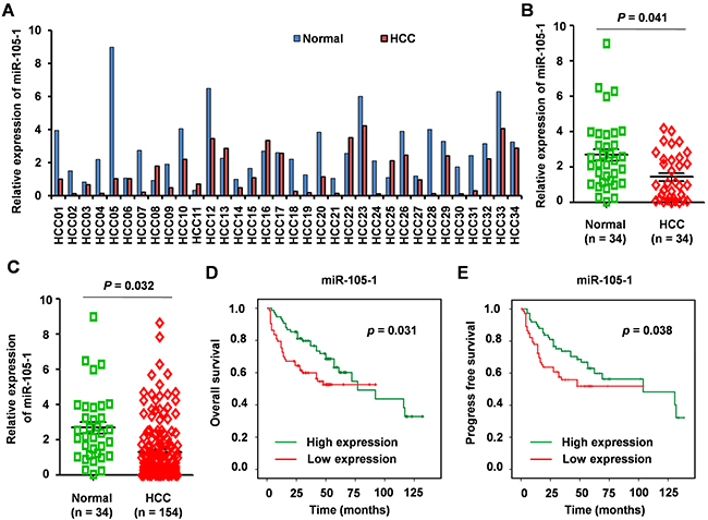 The expression levels and clinical significance of miR-105-1 in HCC.
