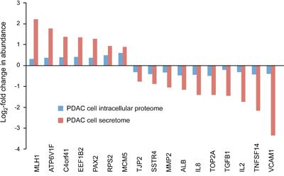 Proteins that are commonly regulated in secretome and intracellular proteome of tumor cells.