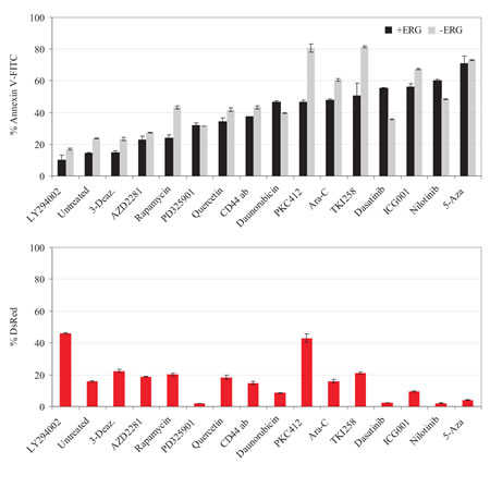 Drugs testing various branches of ERG targeted pathways elicit ERG-mediated drug resistance, which is enhanced by the presence of HS-5 and AML MSCs.