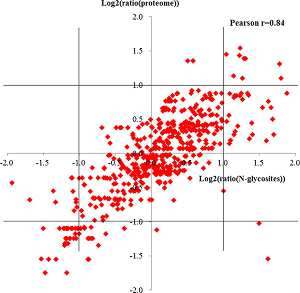 Pearson correlations of glycosites ratios against protein ratios.