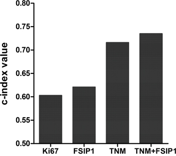 Comparison of c-index values for Ki67, FSIP1, TNM stage, and TNM+FSIP1.