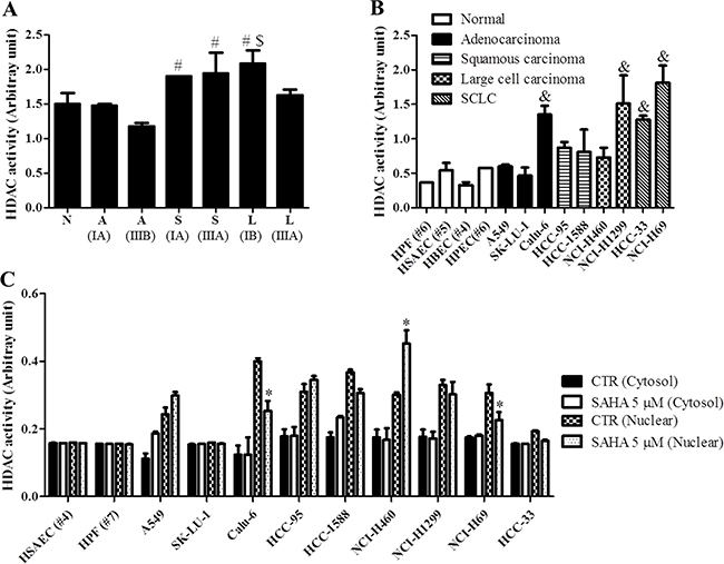 Effect of SAHA on HDAC activities in human normal lung and cancer cells.