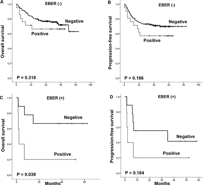 The impact of serum survivin positivity on overall survival and progression-free survival according to EBER status.