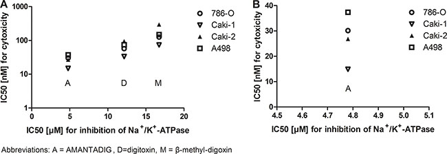 Cytotoxicity effects of cardiac glycosides and inhibition of Na+/K+-ATPase in four RCC cell lines.