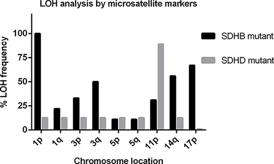 Frequency (%) plot of loss of heterozygosity (LOH) of different chromosomes in SDHB (black bars) and SDHD (grey bars) mutant tumors, determined by microsatellite marker analysis.