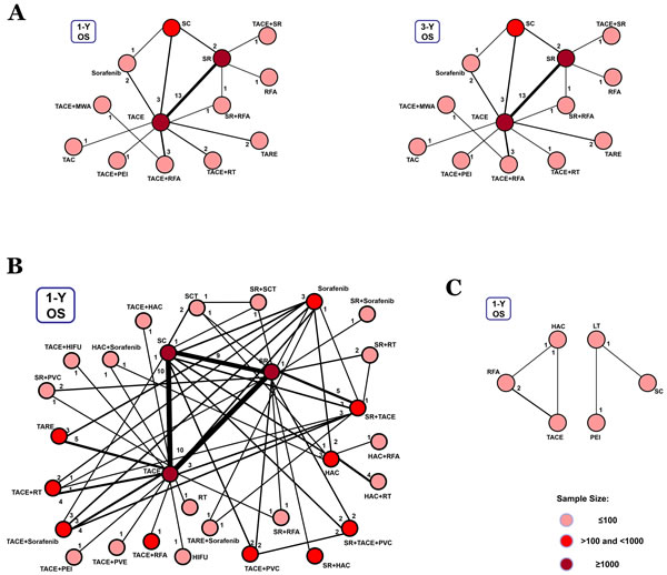 Network connections of included studies for BCLC Stages B, C, and D