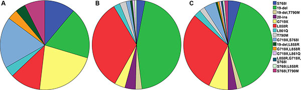 The EGFR mutation spectrum in (A) Xuanwei population, (B) non-Xuanwei population, (C) overall population.