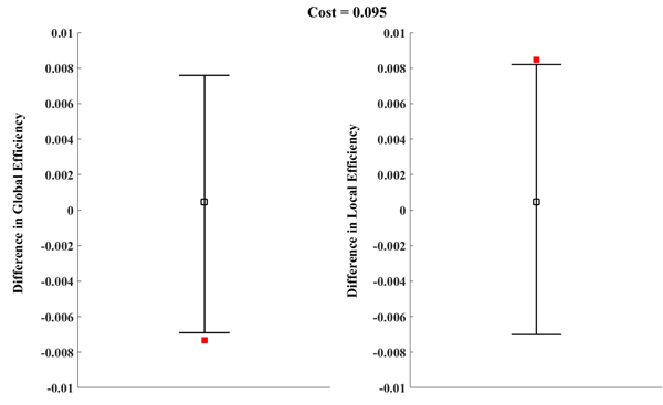The permutation test results of global and local efficiency at a cost of 0.095.