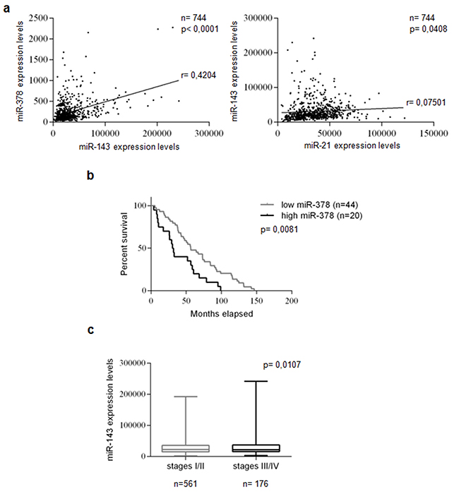 miRs -21, -143, and -378 are co-expressed, miR-378 correlates with prognosis, and miR-143 correlates with tumor stages in breast cancer.