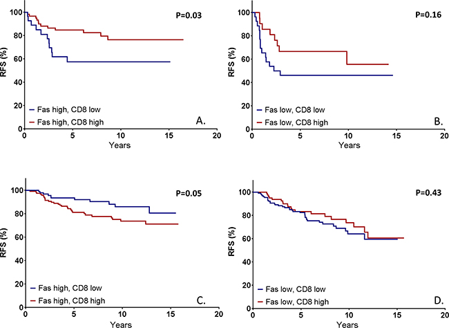 Kaplan Meier survival estimates based on CD8+ tumor infiltrating lymphocytes (TILs) stratified on FAS expression in both ER-negative and ER-positive tumors.