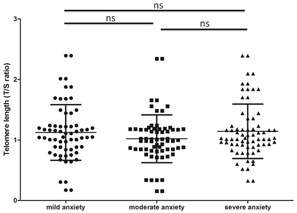 Telomere length (T/S ratio) of saliva samples according to test anxiety level.