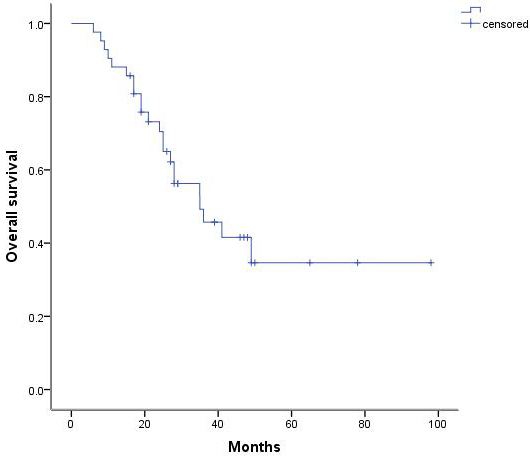 Postoperative survival curve for patients with metastatic lung tumors.