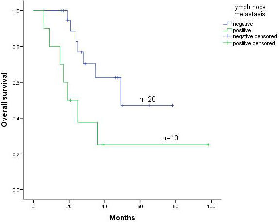 Kaplan-Meier survival curve for lymph node metastasis status of patients with lung metastatic tumors.