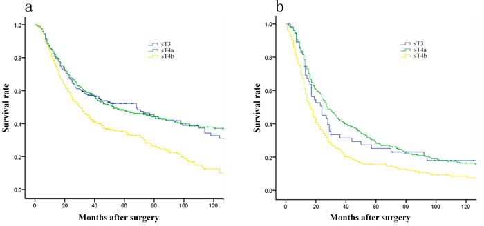 Comparison of survival curves among patients of various sT stage by pT stage.
