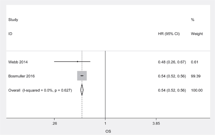 Meta-analysis of the HR for OS/DSS for ovarian cancer patients depending on CD103+ TILs status, random effects model.