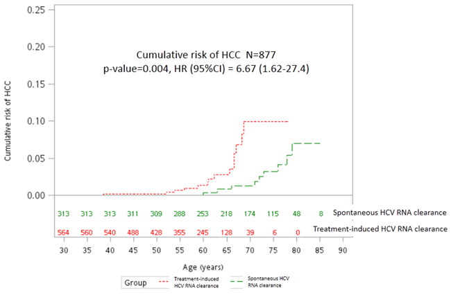 Cumulative risk of HCC between subjects with spontaneous and treatment-induced HCV RNA clearance.