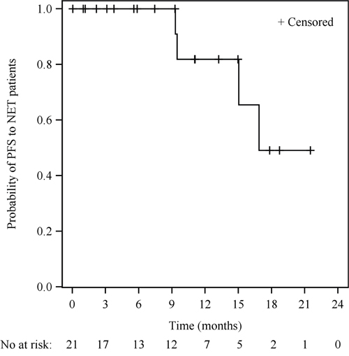 Kaplan-Meier survival curve of PFS in NET patients treated with sulfatinib formulation 2 (N=21).