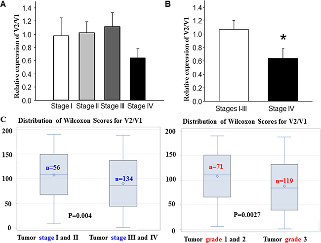 The ratio of FANCD2-V2 / FANCD2-V1 (mRNA expression) is inversely associated with human tumor stage or grade.