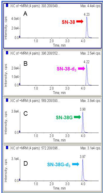 Representative chromatograms of SN-38, SN-38-d3, SN-38G and SN-38G-d3.