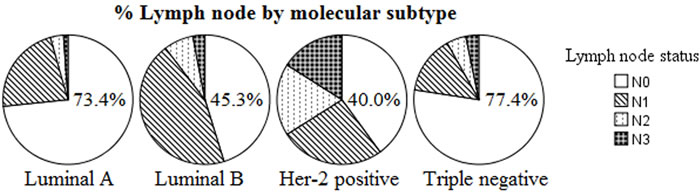 Number of positive lymph nodes by molecular subtype (