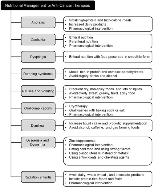 Nutritional support strategies for common physiological complications arising from anti-cancer therapies.