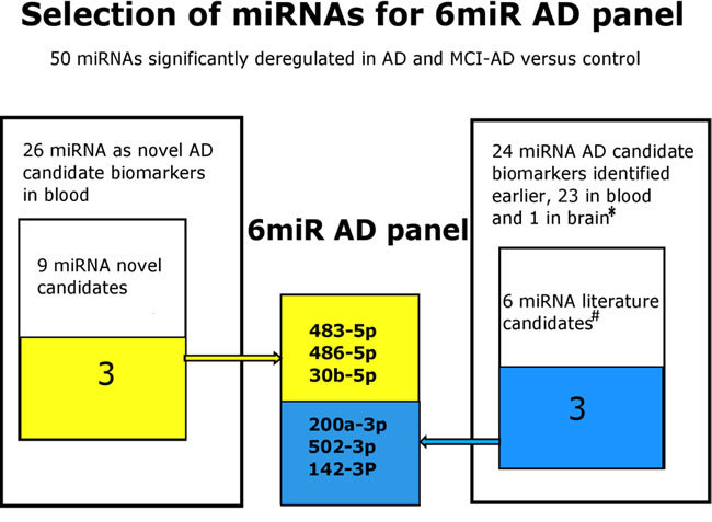 The selection process scheme of the 6miR panel differing early AD from control plasma.