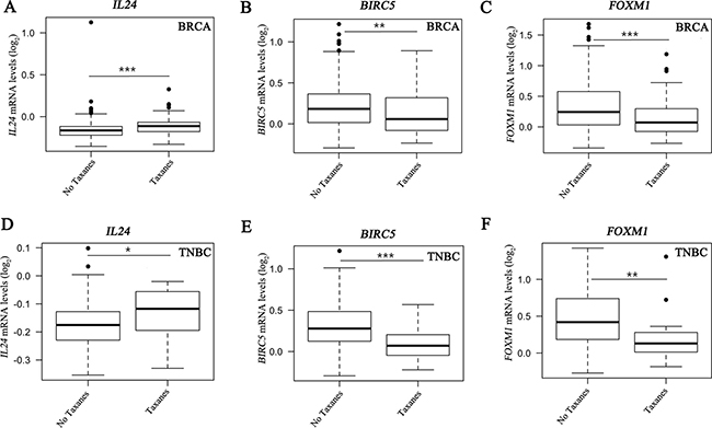 Effect of taxanes on IL24, BIRC5 and FOXM1 expression in breast cancer samples.