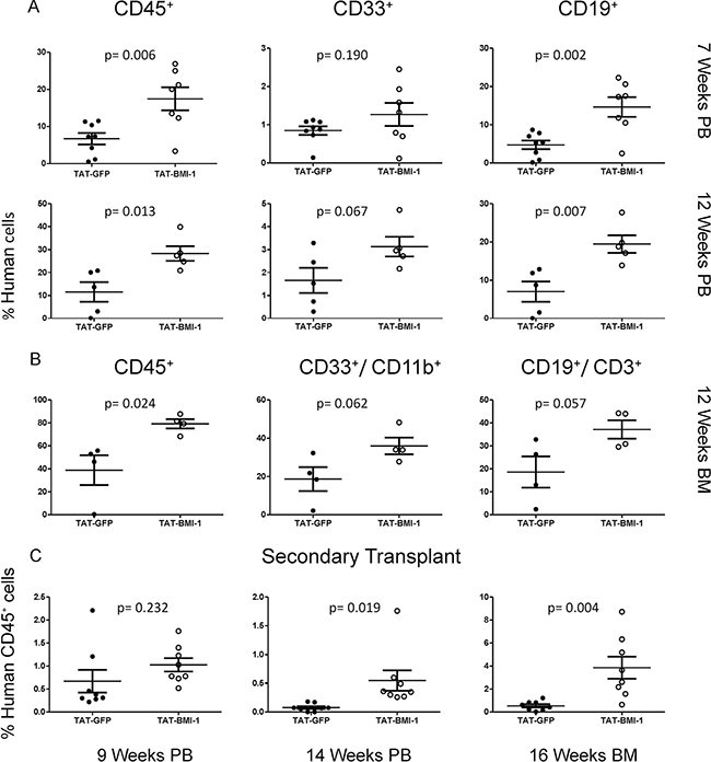 TAT-BMI-1 pretreatment of CB-CD34+ cells enhances hematopoietic engraftment in NOG mice.