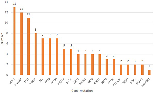 Number of all novel non-synonymous mutations detected in exhaled breath condensates of 20 healthy subjects.