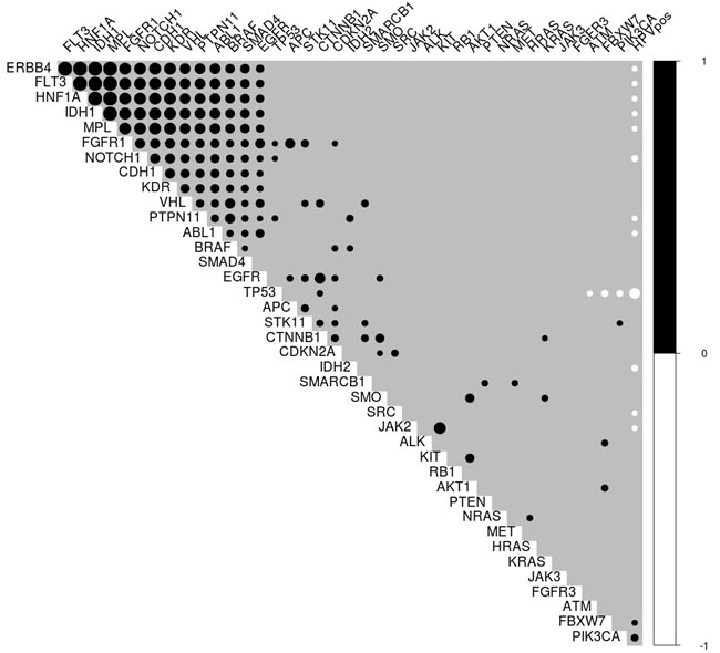 Plot of correlations between gene mutations and HPV status.