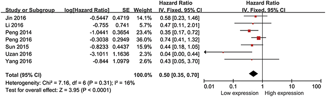Forest plot showing association between OS and elevated HULC expression in the different types of cancer.