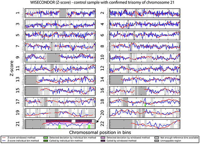 Chromosomal aberrations in cfDNA detected by shallow sequencing using WISECONDOR software.