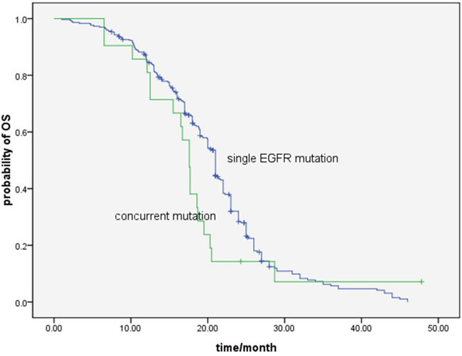 Comparison of overall survival with EGFR-TKI treatment between single EGFR mutation and concurrent gene alterations patients (21.0 months vs.17.6 months, P=0.170).