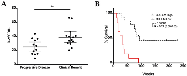 CD8EM cell frequencies at the end of treatment correlate with response and survival.