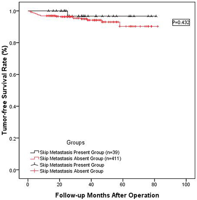 Long-term tumor-free survival rate between 39 patients presenting skip metastasis and the 411 patients without skip metastasis.