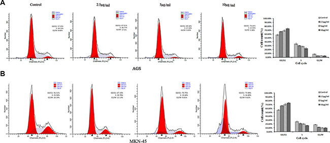 Cell cycle analyses of ACGs-treated AGS and MKN-45 cells by flow cytometric.