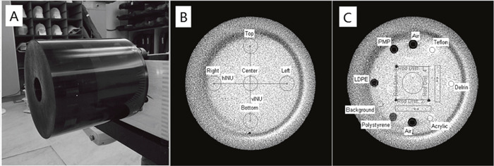 (A) Catphan 503 phantom, (B) images of 486 module used for image uniformity test and (C) 404 module used for low contrast visibility evaluation.