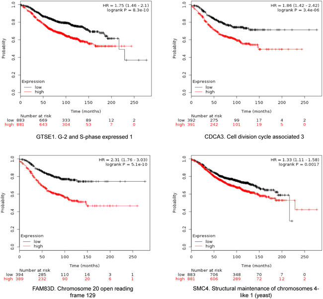 Association of GTSE, CDCA3, FAM83D and SMC4 individually with relapse free survival in Luminal A tumors using KM Plotter online tool, as described in material and methods.